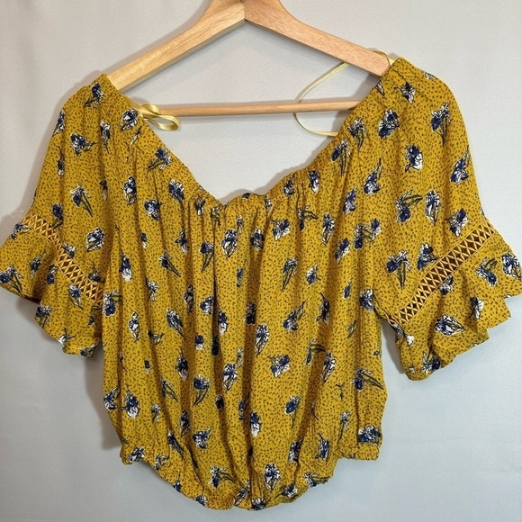 Bleuh Ciel Womens Crop Top Blouse Off The Shoulder Floral Lace Trim Sleeve Boho - Picture 2 of 11